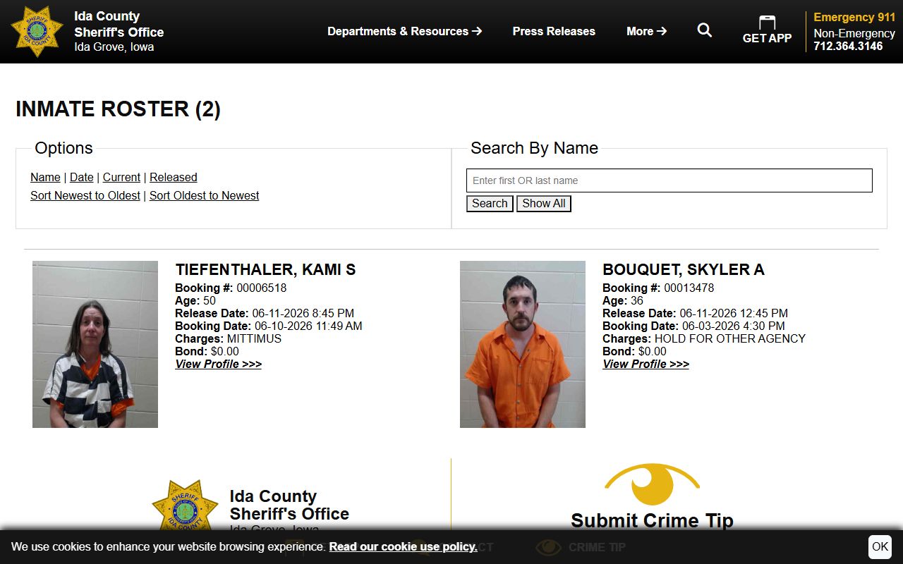 Ida County released inmate records 48-hour release roster