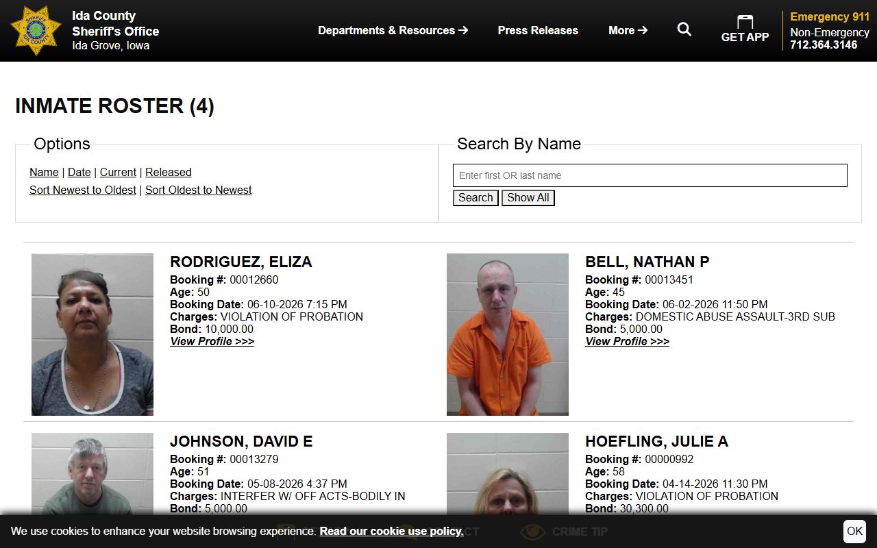 Ida County inmate population current jail roster with booking fields