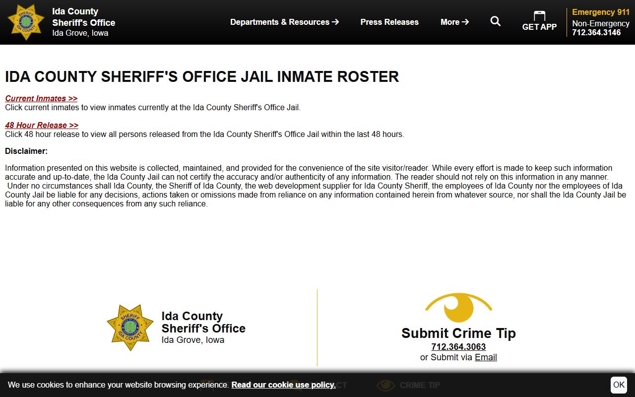Ida County inmate records roster disclaimer with current and 48-hour release links