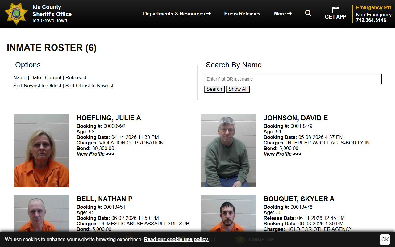 Ida County inmate records search by name page
